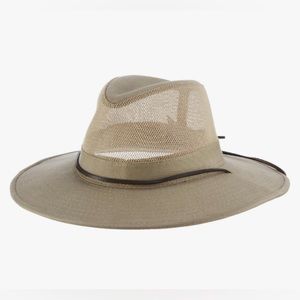 Dorfman Pacific Men's Brushed Twill-and-Mesh Safari Hat Leather Trim MEDIUM